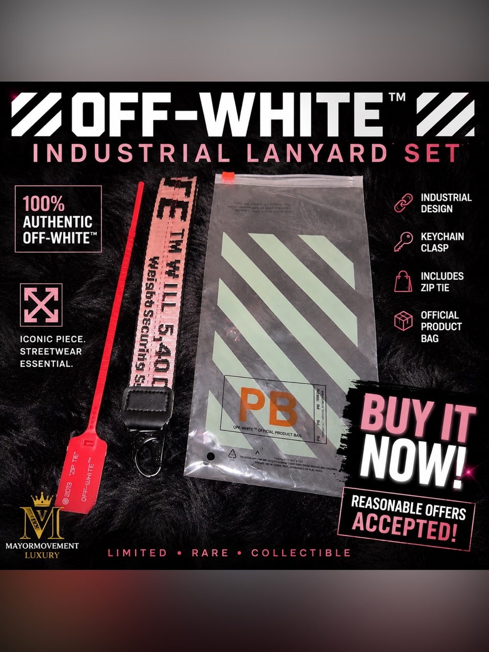 Off-White Industrial Pink Lanyard Keychain + Red Zip Tie & Product Bag
